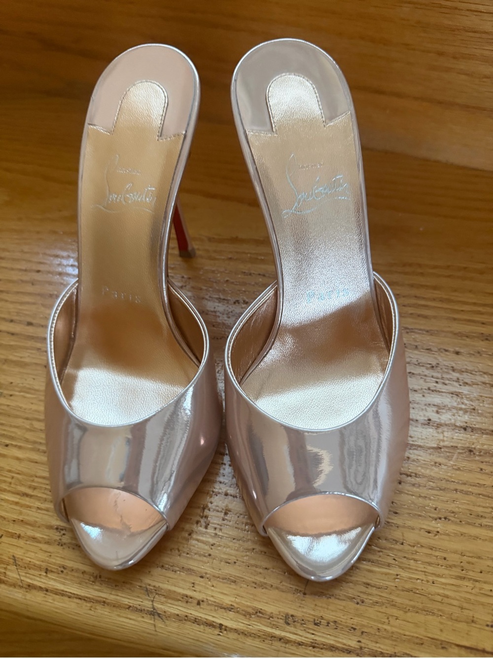 Christian Louboutin Nude Patent Open-Toe Mules with Red Sole. Rose gold like new